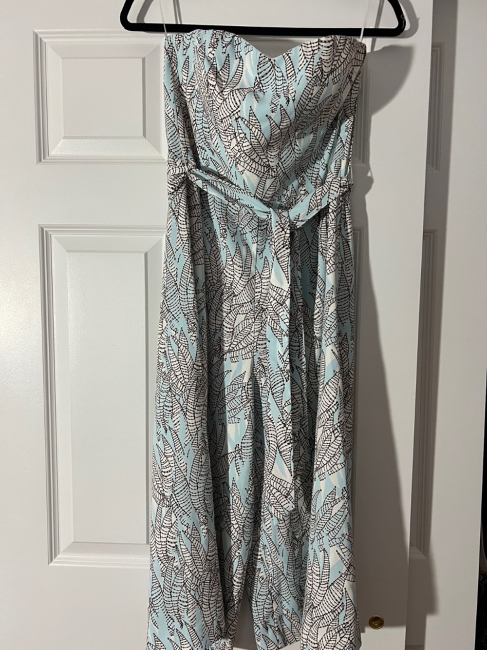 H&M Strapless Mint and Black Leaf-Print jumpsuit